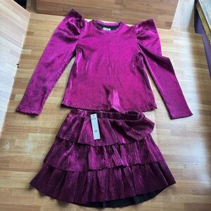 MIA New York berry metallic plisse puff sleeve top and matching skirt med nwt